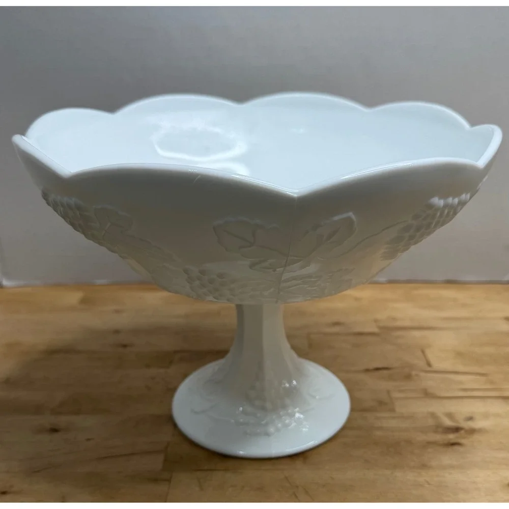Vintage White Milk Glass Pedestal Compote Bowl Embossed Grapes & Scalloped Rim
